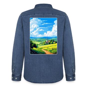 Odenwald Deutschland Vintage Reiseplakat Souvenir - Männer Jeanshemd Organic von Stanley/Stella - verwaschenes Mittelblau  - Hinten - AI Model Male 185 light (185cm)