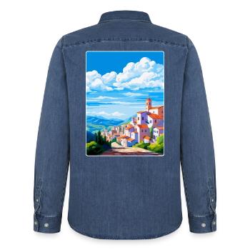 Castelo Branco Portugal Vintage Reiseposter WPA - Männer Jeanshemd Organic von Stanley/Stella - verwaschenes Mittelblau  - Hinten - AI Model Male 185 light (185cm)