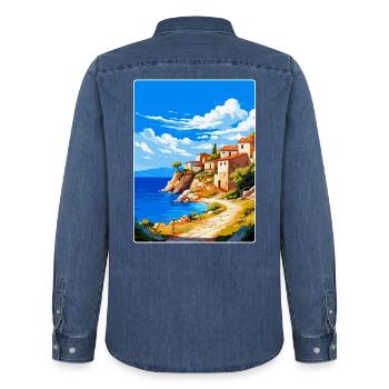 Mani Halbinsel Griechenland Vintage Reiseposter WPA - Männer Jeanshemd Organic von Stanley/Stella - verwaschenes Mittelblau  - Hinten - AI Model Male 185 light (185cm)