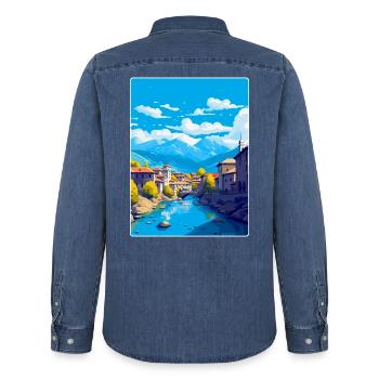 Sarajevo Bosnien Herzegowina Vintage Reiseposter - Männer Jeanshemd Organic von Stanley/Stella - verwaschenes Mittelblau  - Hinten - AI Model Male 185 light (185cm)