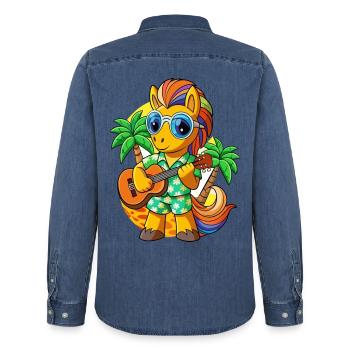 Lustige Pony Sommer Strand Sonnenbrille Hawaiianisch - Männer Jeanshemd Organic von Stanley/Stella - verwaschenes Mittelblau  - Hinten - AI Model Male 185 light (185cm)
