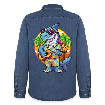 Lustige Hai Sommer Strand Sonnenbrille Hawaiianisch - Männer Jeanshemd Organic von Stanley/Stella - verwaschenes Mittelblau  - Hinten - AI Model Male 185 light (185cm)