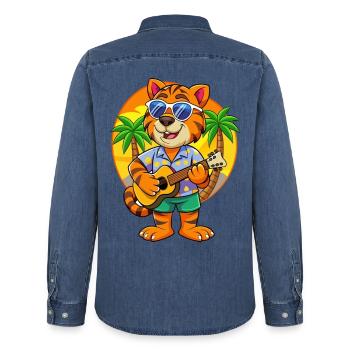 Lunettes de soleil de plage d’été Funny Tiger Hawaiian - Chemise en denim homme bio Stanley/Stella - bleu moyen délavé  - Dos - AI Model Male 185 light (185cm)