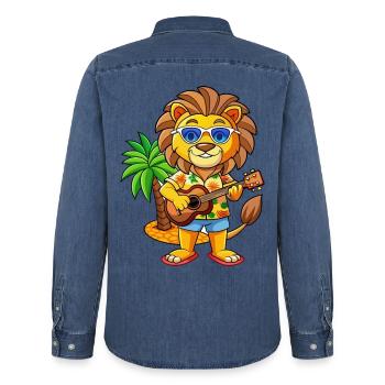 Lunettes de soleil de plage d’été Funny Lion Hawaiian - Chemise en denim homme bio Stanley/Stella - bleu moyen délavé  - Dos - AI Model Male 185 light (185cm)