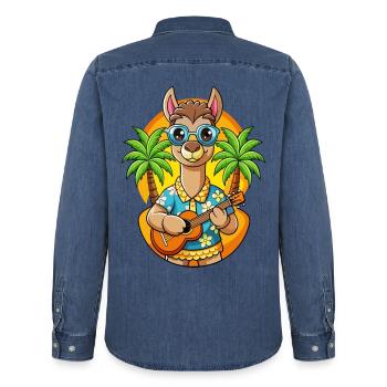 Lustige Lama Sommer Strand Sonnenbrille Hawaiianisch - Männer Jeanshemd Organic von Stanley/Stella - verwaschenes Mittelblau  - Hinten - AI Model Male 185 light (185cm)
