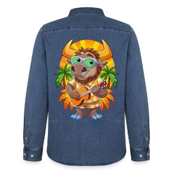 Lustige Bison Cartoon Sommer Strand Sonnenbrille Gitarre - Männer Jeanshemd Organic von Stanley/Stella - verwaschenes Mittelblau  - Hinten - AI Model Male 185 light (185cm)