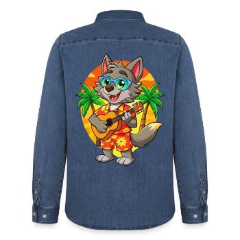 Lustige Wolf Cartoon Sommer Strand Sonnenbrille Gitarre - Männer Jeanshemd Organic von Stanley/Stella - verwaschenes Mittelblau  - Hinten - AI Model Male 185 light (185cm)