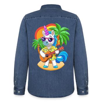 Lustige Einhorn Cartoon Sommer Strand Sonnenbrille - Männer Jeanshemd Organic von Stanley/Stella - verwaschenes Mittelblau  - Hinten - AI Model Male 185 light (185cm)