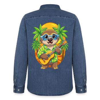 Lustiges Faultier Cartoon Sommer Strand Sonnenbrille Gitarre - Männer Jeanshemd Organic von Stanley/Stella - verwaschenes Mittelblau  - Hinten - AI Model Male 185 light (185cm)