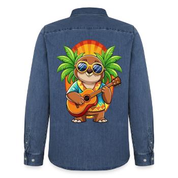 Lustiges Faultier Cartoon Sommer Strand Sonnenbrille Gitarre - Männer Jeanshemd Organic von Stanley/Stella - verwaschenes Mittelblau  - Hinten - AI Model Male 185 light (185cm)