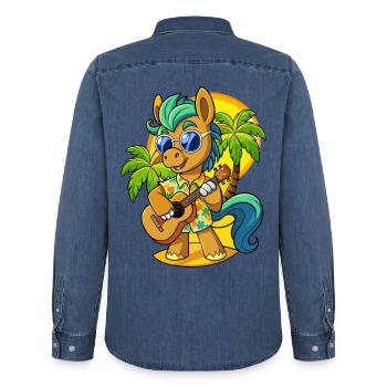 Drôle Pony Dessin Animé Plage D’été Lunettes De Soleil Guitare - Chemise en denim homme bio Stanley/Stella - bleu moyen délavé  - Dos - AI Model Male 185 light (185cm)