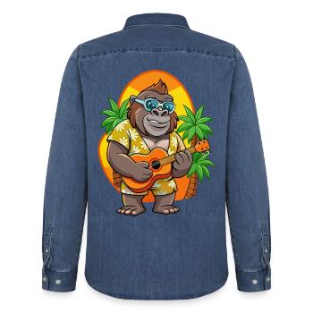 Lunettes de soleil de plage d’été de dessin animé de gorille drôle - Chemise en denim homme bio Stanley/Stella - bleu moyen délavé  - Dos - AI Model Male 185 light (185cm)