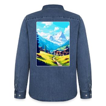 Adelboden Suisse Affiche de voyage vintage WPA - Chemise en denim homme bio Stanley/Stella - bleu moyen délavé  - Dos - AI Model Male 185 light (185cm)