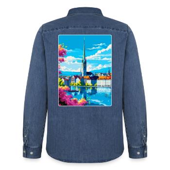 Zürich Schweiz Vintage Reiseplakat Souvenir - Männer Jeanshemd Organic von Stanley/Stella - verwaschenes Mittelblau  - Hinten - AI Model Male 185 light (185cm)