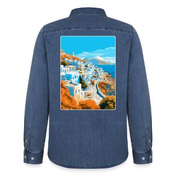 Ios Griechenland Vintage Reise Poster Souvenir Souvenir - Männer Jeanshemd Organic von Stanley/Stella - verwaschenes Mittelblau  - Hinten - AI Model Male 185 light (185cm)