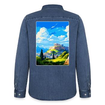 Athènes Grèce Affiche de voyage vintage WPA Souvenir - Chemise en denim homme bio Stanley/Stella - bleu moyen délavé  - Dos - AI Model Male 185 light (185cm)