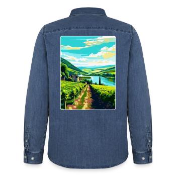 Affiche de voyage vintage de la vallée de la Moselle en Allemagne WPA - Chemise en denim homme bio Stanley/Stella - bleu moyen délavé  - Dos - AI Model Male 185 light (185cm)