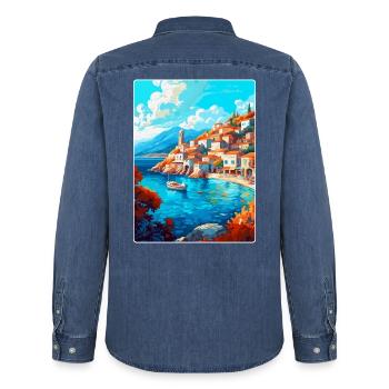 Hydra Greece Vintage Travel Poster WPA Souvenir - Men’s Organic Denim Shirt by Stanley/Stella - mid washy  - Back - AI Model Male 185 light (185cm)