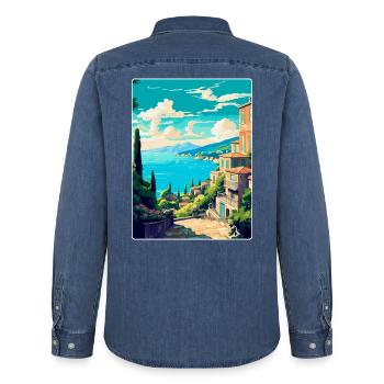 Korfu Griechenland Vintage Reiseplakat WPA Souvenir - Männer Jeanshemd Organic von Stanley/Stella - verwaschenes Mittelblau  - Hinten - AI Model Male 185 light (185cm)
