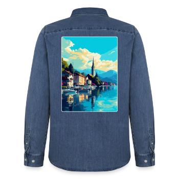 Bregenz Autriche Affiche de voyage vintage souvenir WPA - Chemise en denim homme bio Stanley/Stella - bleu moyen délavé  - Dos - AI Model Male 185 light (185cm)