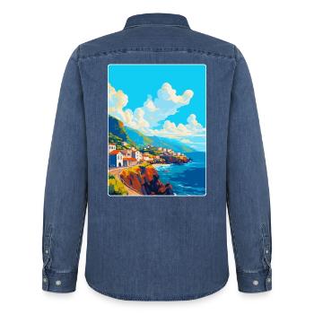 Madère Portugal Affiche de voyage vintage souvenir - Chemise en denim homme bio Stanley/Stella - bleu moyen délavé  - Dos - AI Model Male 185 light (185cm)