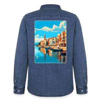 Rethymno Griechenland Vintage Reiseplakat Souvenir WPA - Männer Jeanshemd Organic von Stanley/Stella - verwaschenes Mittelblau  - Hinten - AI Model Male 185 light (185cm)