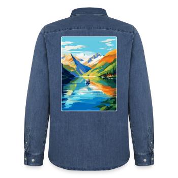 Souvenir de l’affiche de voyage vintage des fjords de Norvège - Chemise en denim homme bio Stanley/Stella - bleu moyen délavé  - Dos - AI Model Male 185 light (185cm)