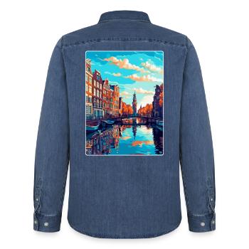 Amsterdam Niederlande Vintage Reiseplakat WPA - Männer Jeanshemd Organic von Stanley/Stella - verwaschenes Mittelblau  - Hinten - AI Model Male 185 light (185cm)