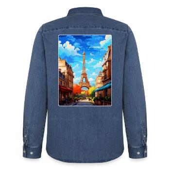 Paris Frankreich Vintage Reiseposter WPA Souvenir - Männer Jeanshemd Organic von Stanley/Stella - verwaschenes Mittelblau  - Hinten - AI Model Male 185 light (185cm)