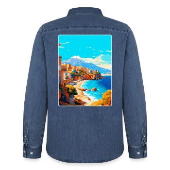 Crete Greece Vintage Travel Poster WPA Souvenir - Men’s Organic Denim Shirt by Stanley/Stella - mid washy  - Back - AI Model Male 185 light (185cm)