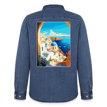 Santorin Grèce Affiche de voyage vintage souvenir - Chemise en denim homme bio Stanley/Stella - bleu moyen délavé  - Dos - AI Model Male 185 light (185cm)