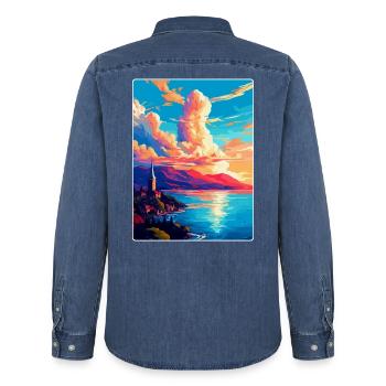 Neuenburg Schweiz Vintage Reiseplakat WPA - Männer Jeanshemd Organic von Stanley/Stella - verwaschenes Mittelblau  - Hinten - AI Model Male 185 light (185cm)