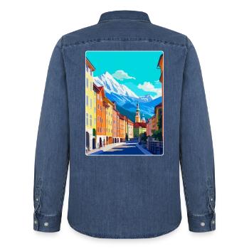Innsbruck Österreich Vintage Reiseplakat Souvenir - Männer Jeanshemd Organic von Stanley/Stella - verwaschenes Mittelblau  - Hinten - AI Model Male 185 light (185cm)