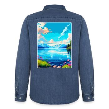 Lac Léman Suisse France Affiche de voyage WPA - Chemise en denim homme bio Stanley/Stella - bleu moyen délavé  - Dos - AI Model Male 185 light (185cm)