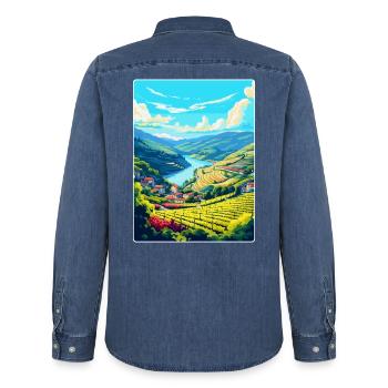 Douro-Tal Portugal Vintage Reiseposter WPA - Männer Jeanshemd Organic von Stanley/Stella - verwaschenes Mittelblau  - Hinten - AI Model Male 185 light (185cm)