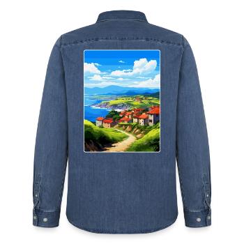 Baskenland Spanien Vintage Reise Poster WPA Kunst - Männer Jeanshemd Organic von Stanley/Stella - verwaschenes Mittelblau  - Hinten - AI Model Male 185 light (185cm)