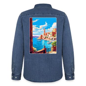 La Canée Grèce Affiche de voyage vintage WPA Souvenir - Chemise en denim homme bio Stanley/Stella - bleu moyen délavé  - Dos - AI Model Male 185 light (185cm)
