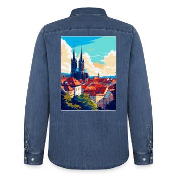 Brünn Tschechische Republik Vintage Reiseplakat Souvenir - Männer Jeanshemd Organic von Stanley/Stella - verwaschenes Mittelblau  - Hinten - AI Model Male 185 light (185cm)