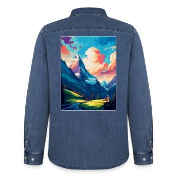 Grindelwald Schweiz Vintage Reiseposter WPA - Männer Jeanshemd Organic von Stanley/Stella - verwaschenes Mittelblau  - Hinten - AI Model Male 185 light (185cm)
