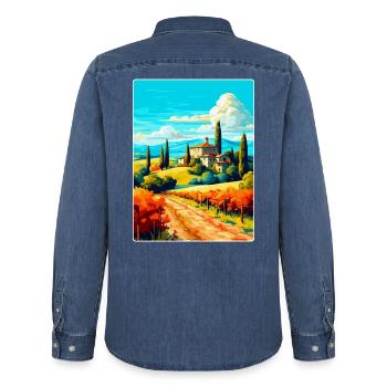 Toscane Italie Affiche de voyage vintage WPA Souvenir - Chemise en denim homme bio Stanley/Stella - bleu moyen délavé  - Dos - AI Model Male 185 light (185cm)