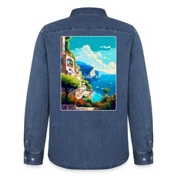Capri Italie Affiche de voyage vintage WPA Art Souvenir - Chemise en denim homme bio Stanley/Stella - bleu moyen délavé  - Dos - AI Model Male 185 light (185cm)