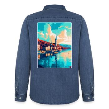 Zürich Schweiz Vintage Reiseplakat Souvenir - Männer Jeanshemd Organic von Stanley/Stella - verwaschenes Mittelblau  - Hinten - AI Model Male 185 light (185cm)