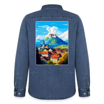Ljubljana Slovénie Affiche de voyage vintage souvenir - Chemise en denim homme bio Stanley/Stella - bleu moyen délavé  - Dos - AI Model Male 185 light (185cm)