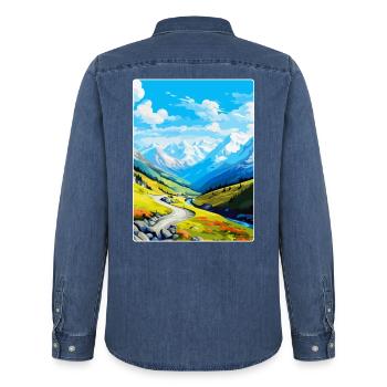 Stilfser Joch Italien Vintage Reiseposter WPA Souvenir - Männer Jeanshemd Organic von Stanley/Stella - verwaschenes Mittelblau  - Hinten - AI Model Male 185 light (185cm)