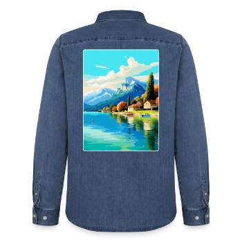 See Annecy Frankreich Vintage Reiseplakat Souvenir - Männer Jeanshemd Organic von Stanley/Stella - verwaschenes Mittelblau  - Hinten - AI Model Male 185 light (185cm)