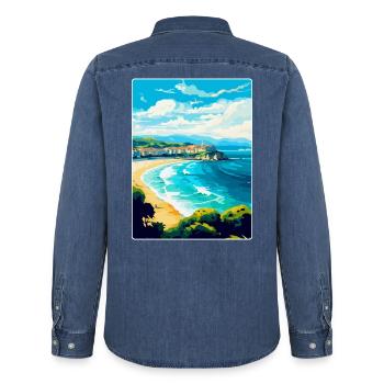 San Sebastian Spanien Vintage Reiseplakat Souvenir - Männer Jeanshemd Organic von Stanley/Stella - verwaschenes Mittelblau  - Hinten - AI Model Male 185 light (185cm)