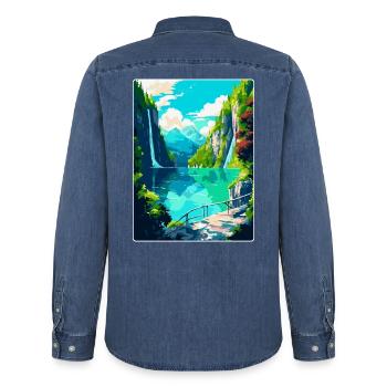 Nationalpark Plitvicer Seen Kroatien Reiseplakat - Männer Jeanshemd Organic von Stanley/Stella - verwaschenes Mittelblau  - Hinten - AI Model Male 185 light (185cm)