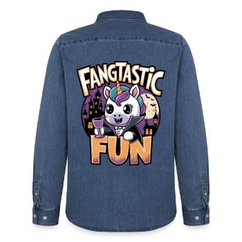 Fangtastic Fun - Men’s Organic Denim Shirt by Stanley/Stella - mid washy  - Back - AI Model Male 185 light (185cm)