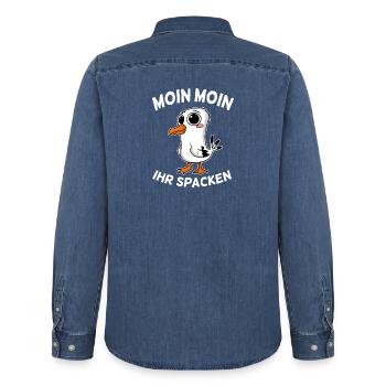 Freche Möwe Moin Moin Ihr Spacken Nordsee Ostsee - Männer Jeanshemd Organic von Stanley/Stella - verwaschenes Mittelblau  - Hinten - AI Model Male 185 light (185cm)