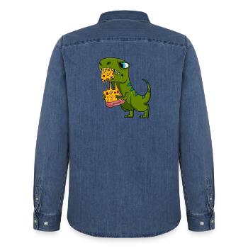Cadeau de restauration rapide de pizza de dinosaure Dino - Chemise en denim homme bio Stanley/Stella - bleu moyen délavé  - Dos - AI Model Male 185 light (185cm)